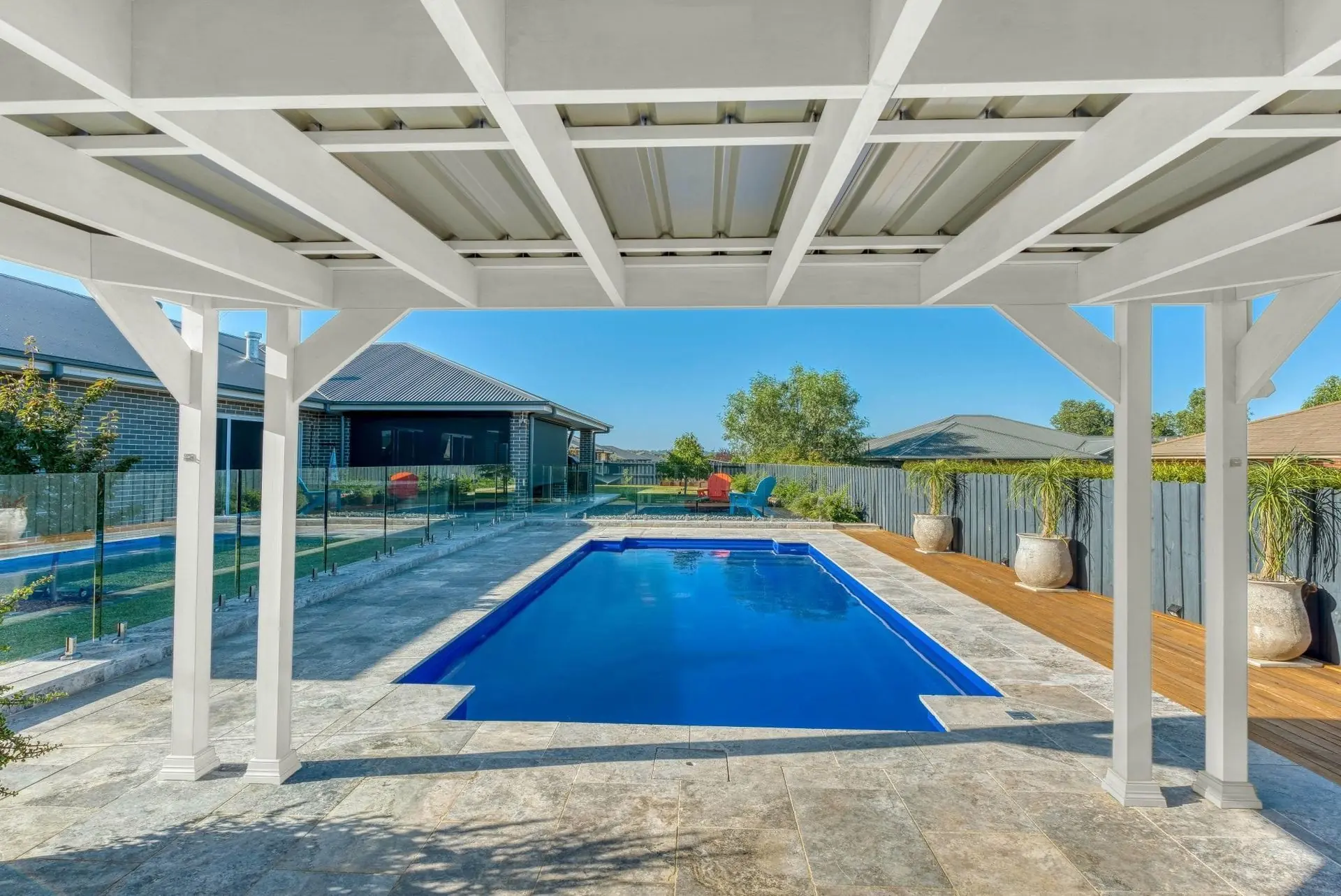 Fibreglass swimming pool design and outdoor living area