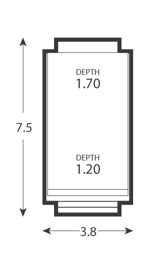 Classic pool plan, 7.5 by 3.8 metres with 1.2 to 1.7 metre depth
