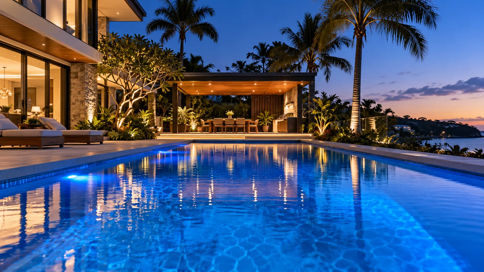 Contemporary pool and outdoor living area illuminated at dusk, design inspiration